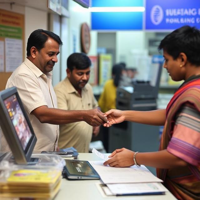 A close-up shot of a hand offering a blue debit card for payment.